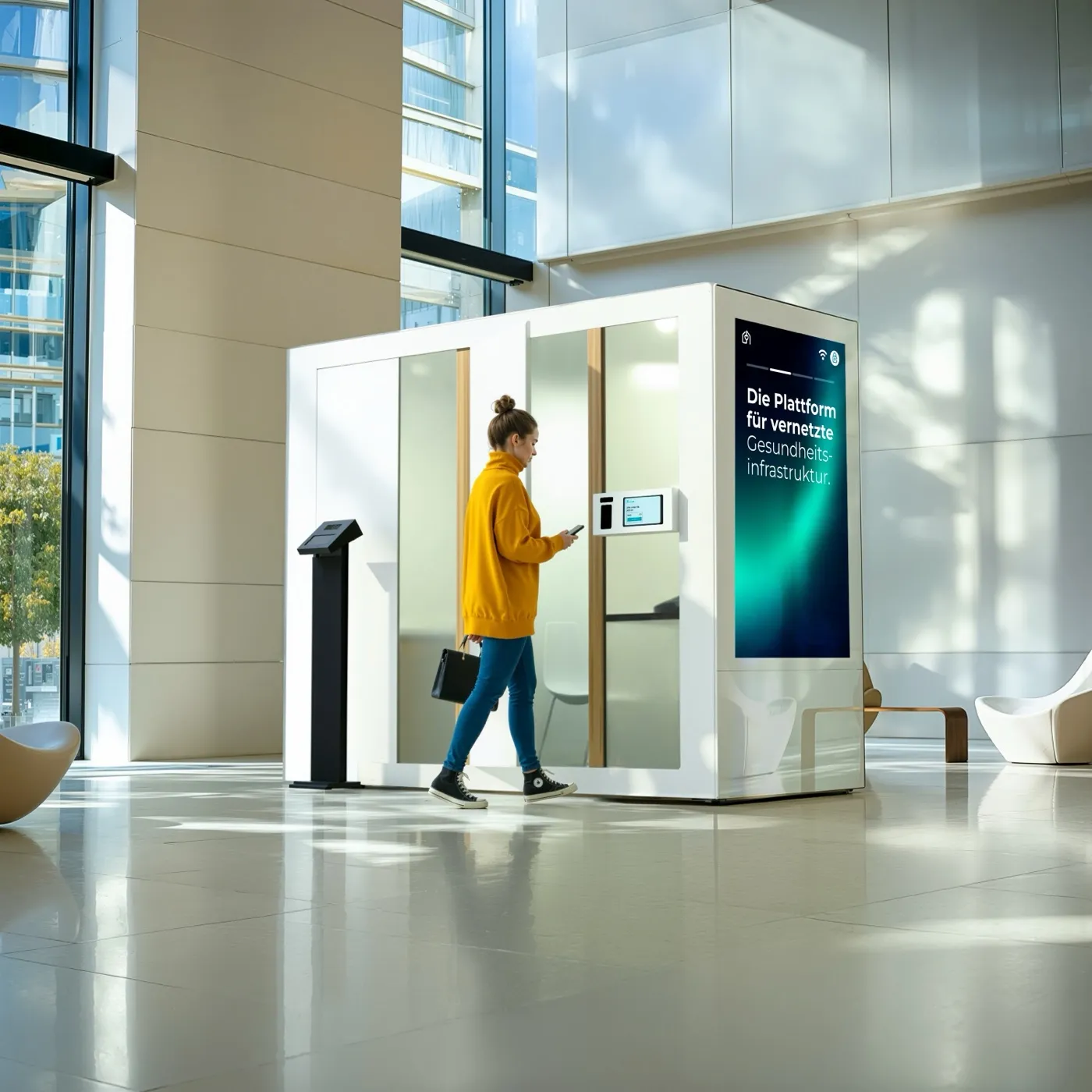 A Medivise telemedicine booth in an office lobby, its display carrying the brand's messaging.